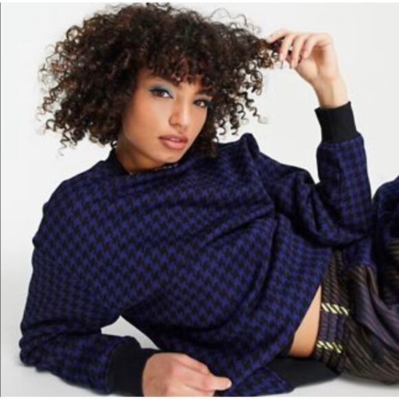 Adidas X IVY PARK Tops - Adidas IVY PARK Womens Sweatshirt XL Blue Houndstooth Pockets Urban Streetwear